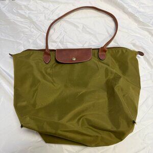 Longchamp Women's Tote Bag - Green with Brown Leather Handles